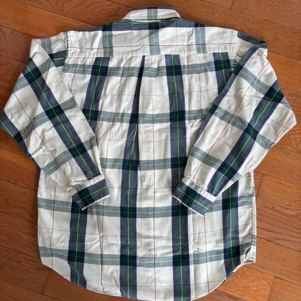 Vintage LL Bean Rangeley Flannel Shirt Men L‎ Cream Blue Green Plaid Pocket USA